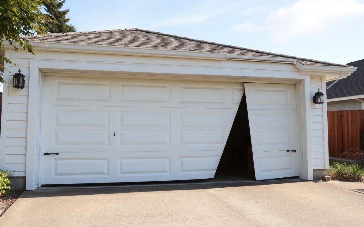 White garage door stopped crooked and stuck partway open