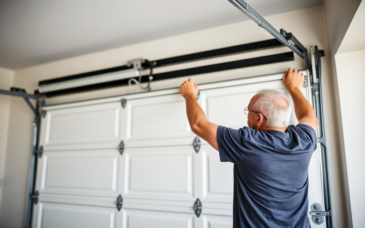 Homeowner straining to lift a heavy garage door by hand