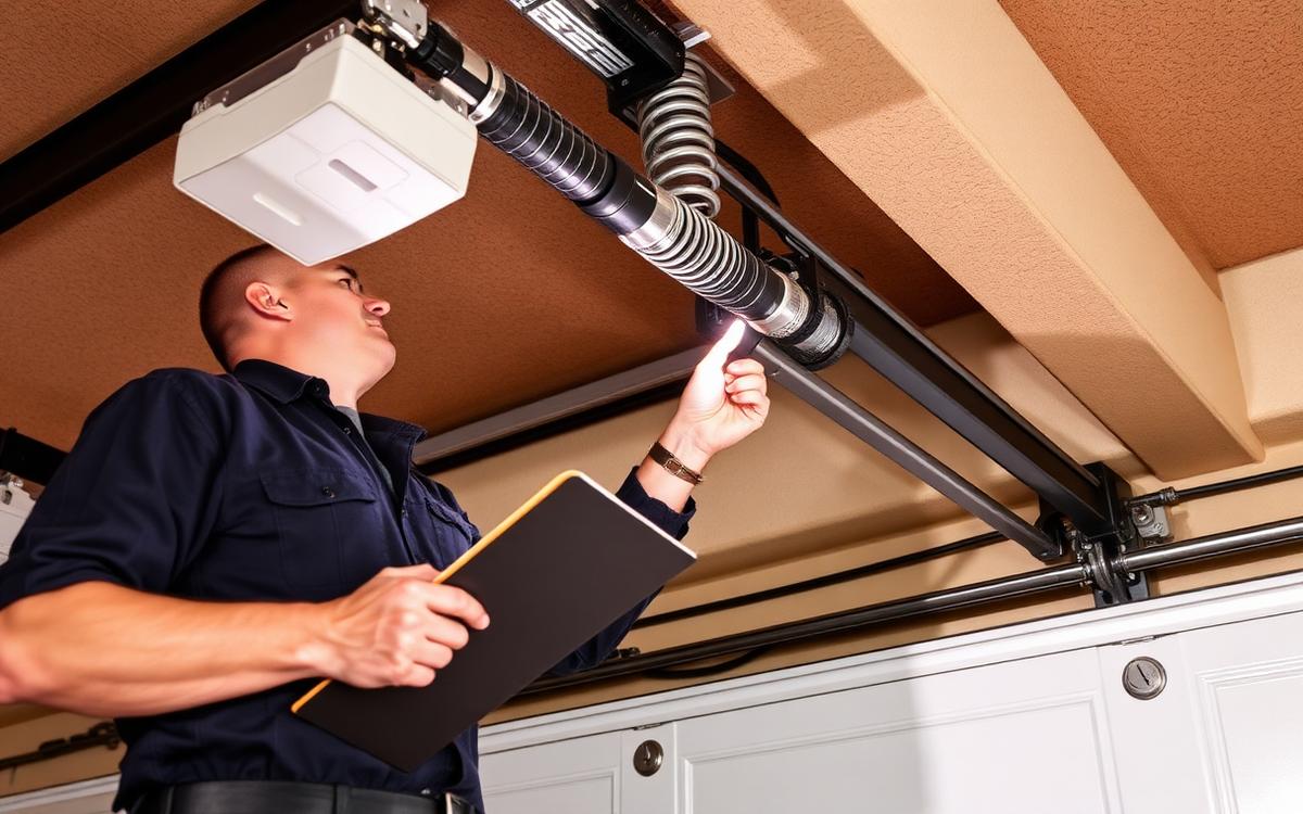 Technician inspecting the spring shaft above a residential garage door
