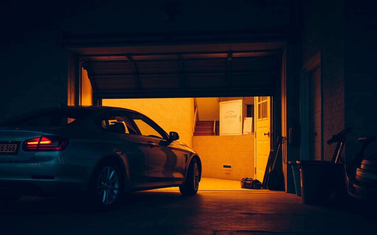 Car parked inside a garage in the evening with the door stuck closed